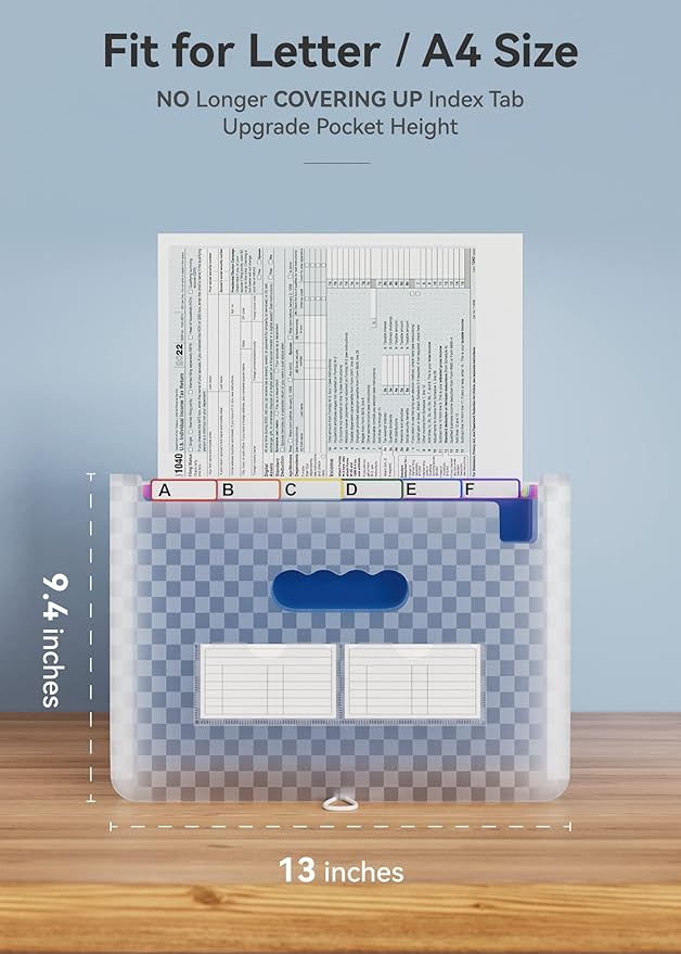 ABC life 26 Pockets Accordion File Organizer, Expanding File Folder, Portable Monthly Paper Bill Tax Receipt Organizer, Letter A4 Size Document Organizer with Labels - Blue