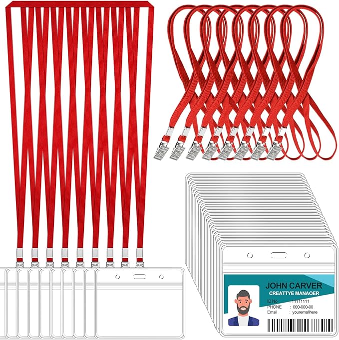 100 Pcs Clear Horizontal Badge Id Card and 100 Pcs Lanyard, Reusable Lanyards for Id Badge Holder Name Tag Badge Holder with Lanyards for Adults Kids Business School Conferences (Red)