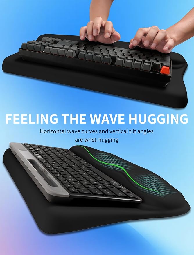 Ergonomic Wave Wrist Rest with Keyboard Stand, Cushioned Palm Rest, Comfortable Integrated Memory Foam for Natural Typing and Relieve Wrist Pain, Dark Night Black