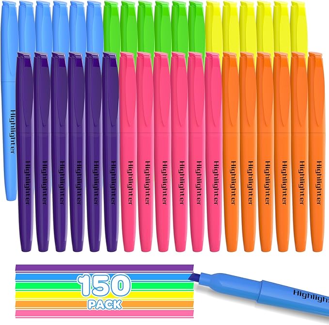 DUONIZAY 150 Count Highlighters Assorted Colors Bulk - 6 Colors Dry-Quickly No Bleed Chisel Tip Highlighter, Markers Set for Classroom Office, Back to School Supplies for Teacher Kids Adults