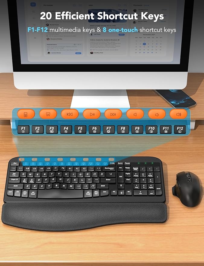 Wireless Keyboard and Mouse Combo, Ergonomic Wave Keys, Cushioned Plam Rest, Comfortable Silent Natural Typing, 2.4G Lag-Free, Full Size Keyboards Cordless Set for Multi-OS, Windows/Mac -SABLUTE