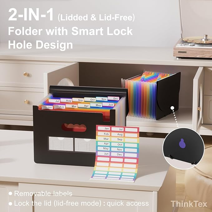 ThinkTex Accordion File Organizer, 12 - Pocket Expanding File Folders for Paper Receipts, Bills&Taxes Organizer, Letter/A4 Size Document Holder for School, Office, Home with Colorful tabs- Black