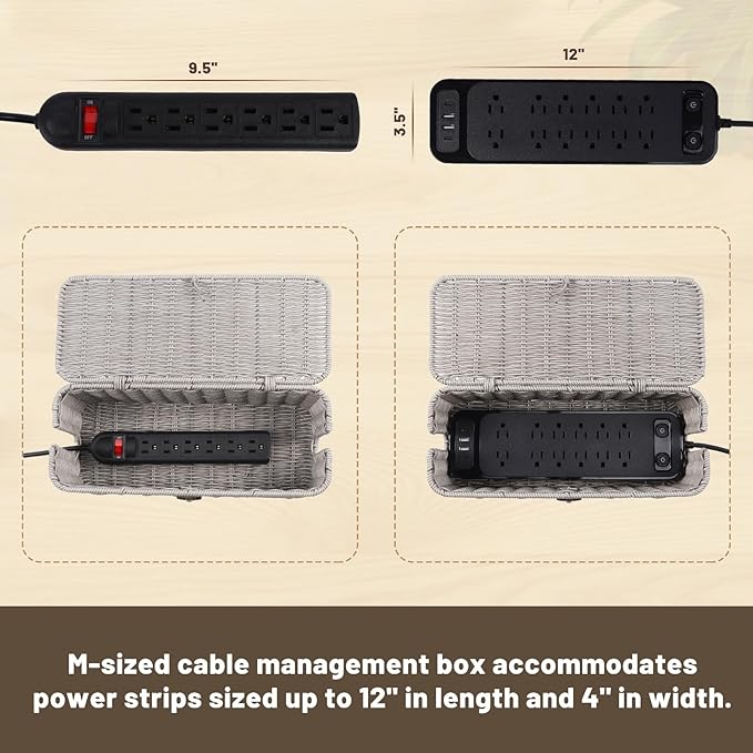 BROWNLILY Cable Management Box, Rattan Style Cord Organizer for Desk Cord Hider Outlet Covers Baby Proofing for Power Strip TV PC Router Charger Under Desk Storage with Lockable Lid and Cable Ties