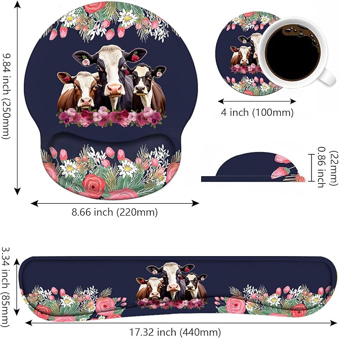 Keyboard Wrist Rest and Mouse Pad Wrist Support Set, Non-Slip PU Base Ergonomic Gaming Mousepad for Home Office Working Studying Easy Typing & Pain Relief - Floral Quote Funny Cows Combination
