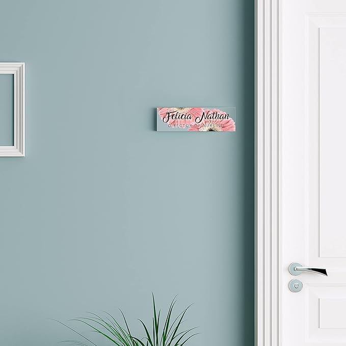 Artblox Personalized Office Desk Name Plate and Business Card Holder | Clear Acrylic Glass with Teak Wood Stand | Pink Daises Design Customized with Your Name and Credentials Office Desk Decor