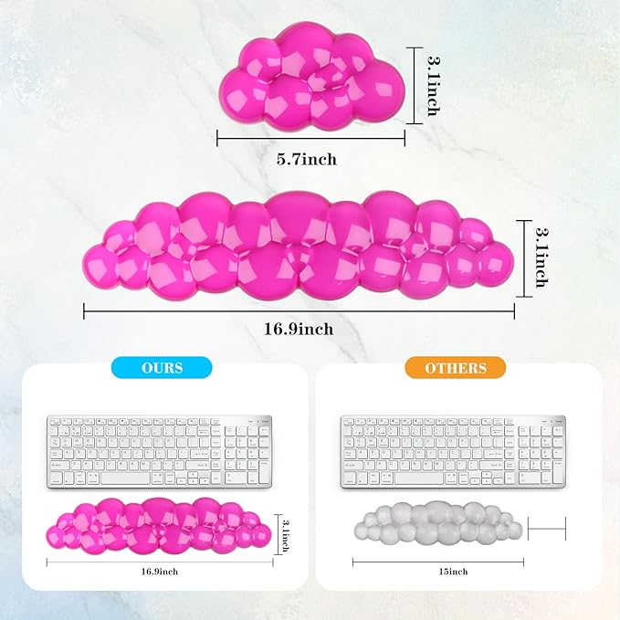 Gel Cloud Keyboard and Mouse Wrist Rest, Cute Wrist Support and Arm Support Keyboard Rest for Keyboard and Mouse Typing Pain Relief，Suitable for Office/Computer/Laptop/Gaming (Transparent Red)