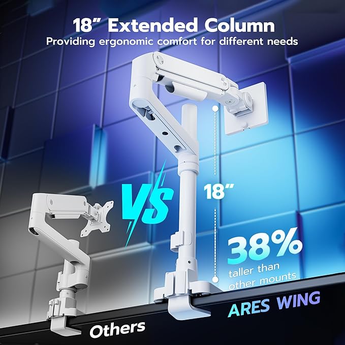 ARES WING Heavy-Duty Monitor Mount for 17-49 inches Ultrawide Curved Flat Monitors Holds 44lbs, with 18" Extended Column for Desk, Adjustable Gas Spring, White
