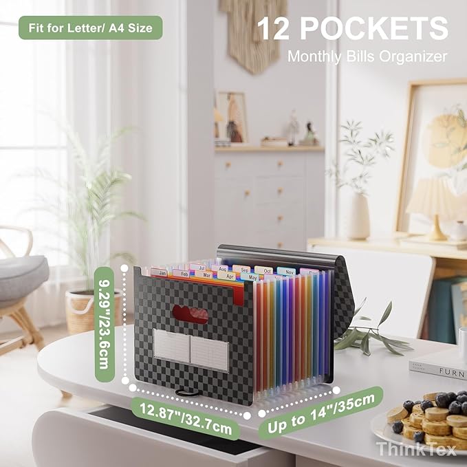 ThinkTex Accordion File Organizer, 12 - Pocket Expanding File Folders for Paper Receipts, Bills&Taxes Organizer, Portable Letter/A4 Size Document Holder for School, Office, Home with Colorful tabs