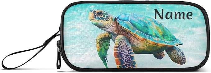 Custom Sea Turtle Teal Pencil Case Box Boys Girls Personalized Name Large Pencil Pouch Stationery Pen Bag Organizer for Kids Adults School Office