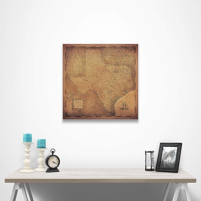 Conquest Maps Push Pin Texas Map Board - With Push Pins to Mark Texas Travel - Handmade in Ohio, USA - Design: Golden Aged
