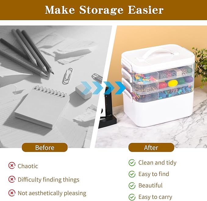 3-Tier Art Supply Storage Container, Stackable Craft Organizer Box with Dividers, Clear Plastic Storage Case for Markers, Toys, Coloring Books (Four-Layer)