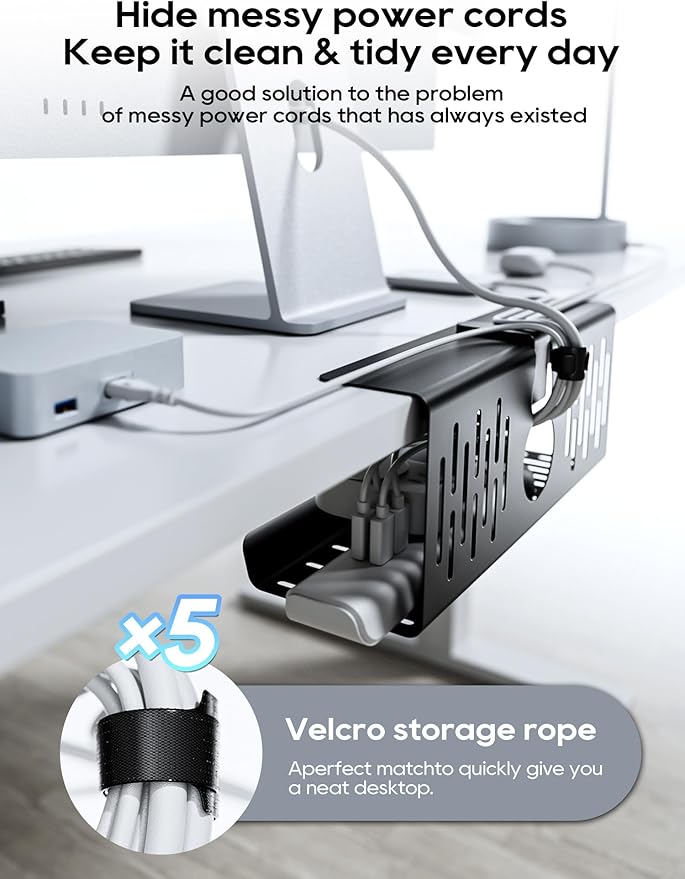 NODOCA No Drill Under Desk Cable Management Tray, 14'' Wire Management, Punch-Free Clamp on, Metal Cable Tray, Wire Organizer Under Desk, Under Desk Basket for Office and Home, Black