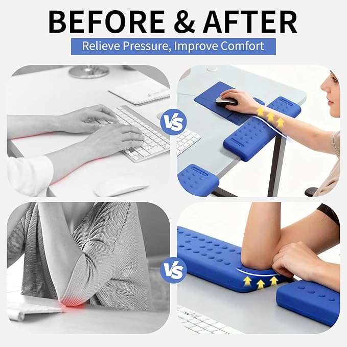 L-Shaped Desk Edge Cushion & Mouse Pad with Wrist Rest, 3-Piece Ergonomic Keyboard Wrist Support Set, Non-Slip Suction Cups, Massage Dot Design for Airflow, Dark Blue for Office and Gaming