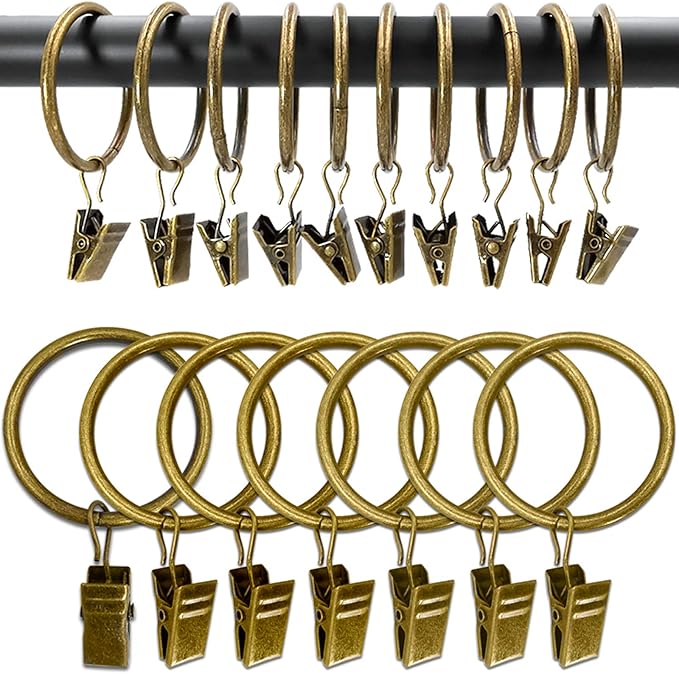 AMZSEVEN 100 Pack Metal Curtain Rings with Clips, Drapery Clips Hooks, Decorative Curtain Rod Clips 1.5 in Interior Diameter, Antique Bronze
