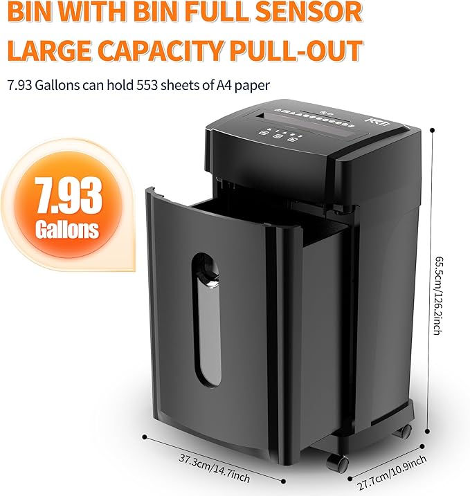 KRT Ultra-Quiet Paper Shredder 38dB,30 Min Run Time,15 Sheet Cross-Cut (4x38mm) for Office/Home,8 Gal Pullout Bin with Casters,Shreds CDs/Credit Cards,Anti-Jam Technology,Black