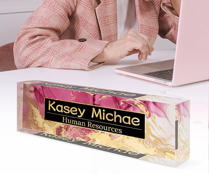 SalaGraphics Desk Name Plate Personalized, Custom for Desk, Office Decor Women Men, Acrylic Accessories, Gifts Coworkers Boss Teacher, Employee Appreciation (Red/Gold) 8”(L)x2.5(W)