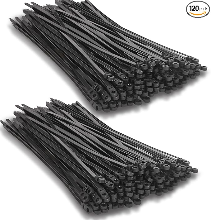 120 PCS 7.5 Inch Plastic Zip Ties with Screw Holes, Heavy Duty Mountable Cable Ties, UV Resistant Electrical Zip Ties for Indoor & Outdoor (Black)