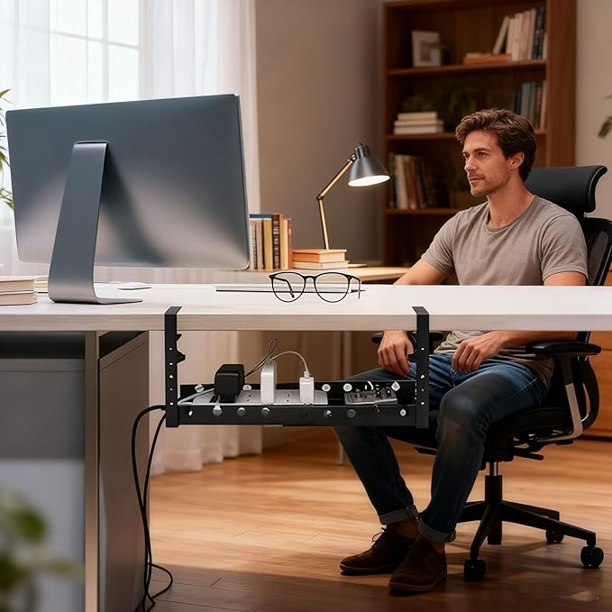 Cable Management, Retractable Under Desk Cable Organizers, Shelf for Efficient Wire Management, Space Saving Wire Collection Rack, No Drilling,Metal Cord Organizer with Clamp for Standing Desk