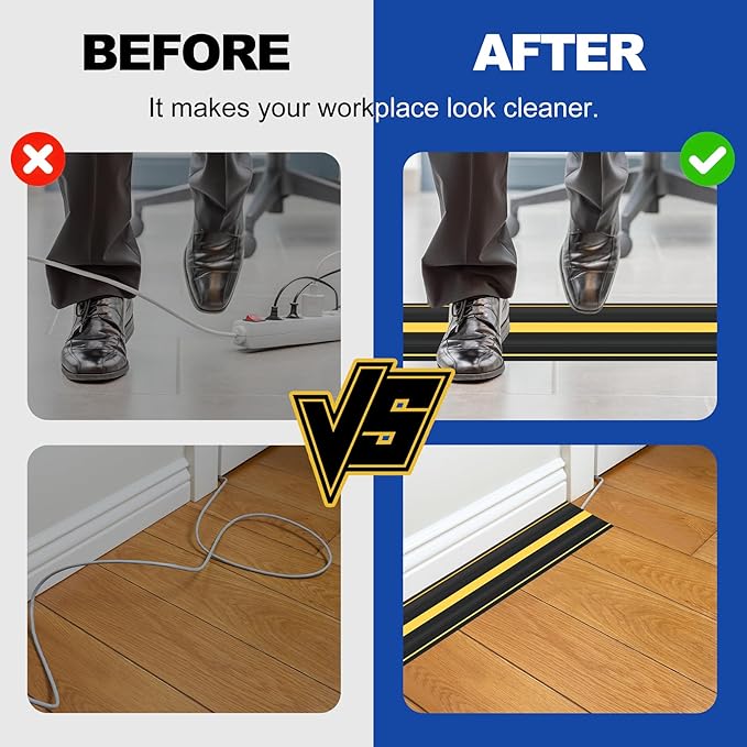 20Ft Cord Covers for Wires on Floor, 3-Channel Heavy Duty Floor Cord Cover with Anti-Slip Base & Yellow Warning Strips, Ideal for Home, Office, Outdoor Use(10Ft X 2 Rolls)