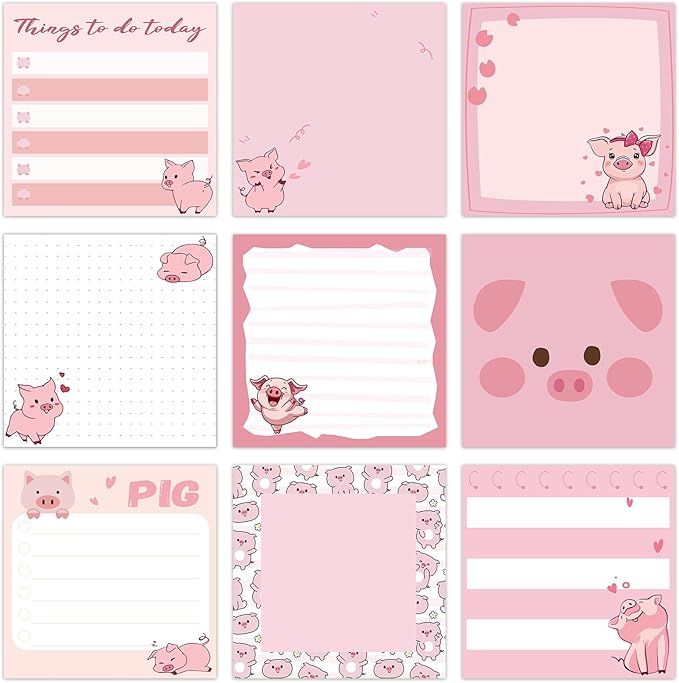 9 Pads Piggy Sticky Notes 3x3 Inch Cute Self Stick Notepads Notes Adhesive Memo Pad Office Decor Gifts for Students School Teacher Meeting Office Supplies