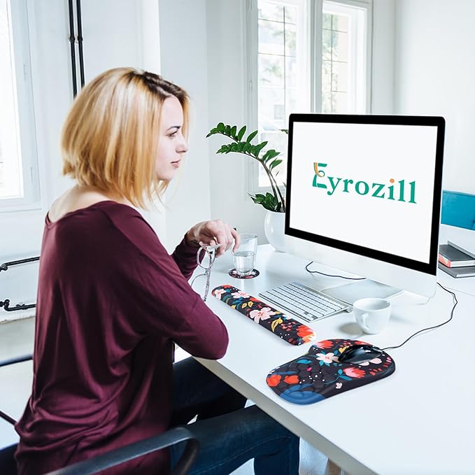 EYROZILL 3 in 1 Ergonomic Mouse Pad and Keyboard Wrist Rest, Cute Mouse Pad with Wrist Support Massage Design, Non-Slip Wrist Pad for Mouse, Desk Mouse Set(Flower)