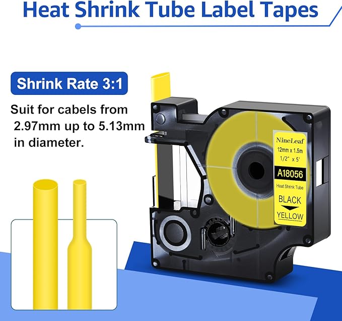 NineLeaf 10 Pack Compatible for Dymo 18056 Black on Yellow Heat Shrink Tube Labels 1/2 inch 12mm Industrial Label Tapes for Wires and Cables for Rhino 4200 5200 5000 6000 3M Label Maker