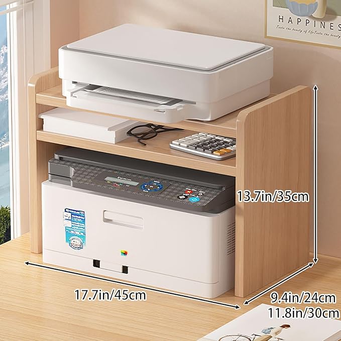 Desktop Storage Rack, Wooden Printer Stand with Compact Under Desk Shelf for Home Office Organization(Light Walnut,17.7 * 9.4 * 13.7in)