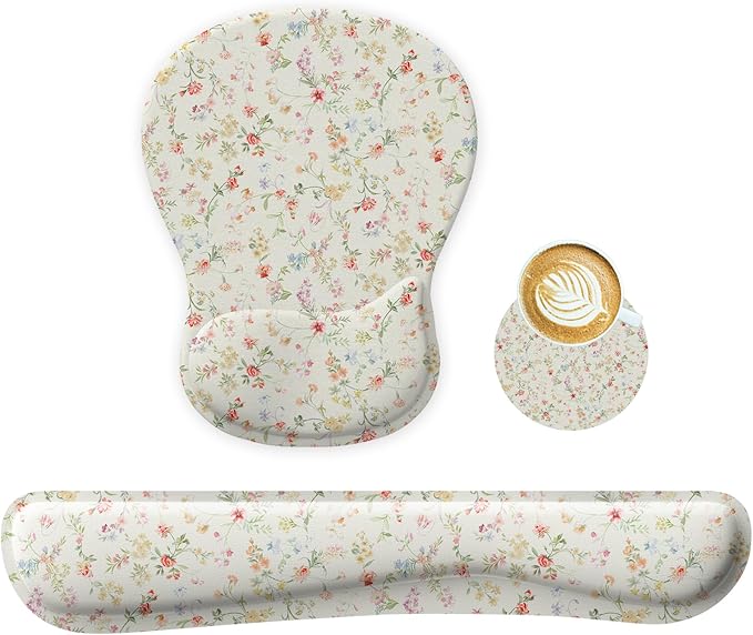 Wrist Rest Support for Mouse Pad Keyboard Set Circle Coaster Gaming Mouse Pad Ergonomic Gel Memory Foam Set for Computer, Laptop, Office, Pain Relief, Comfortably Typing Flowers KM-39