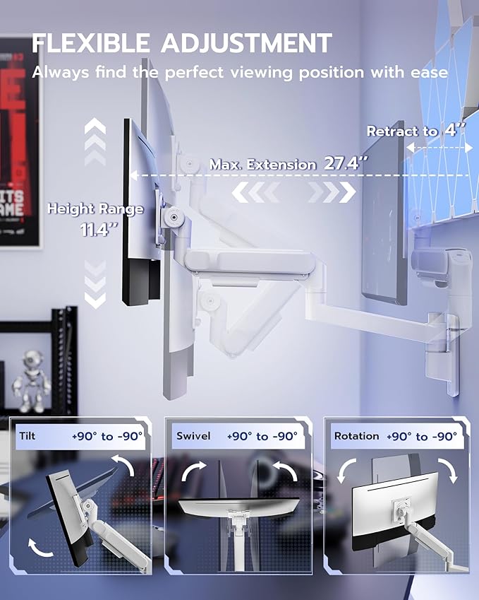 ARES WING Monitor Wall Mount for 24-57 Inch Ultrawide Gaming Screens, Premium Heavy Duty Monitor Arm Holds 60 lbs, Full Motion Gas Spring, Bearing Head for Easy Adjustment, 75/100 VESA Mount, White