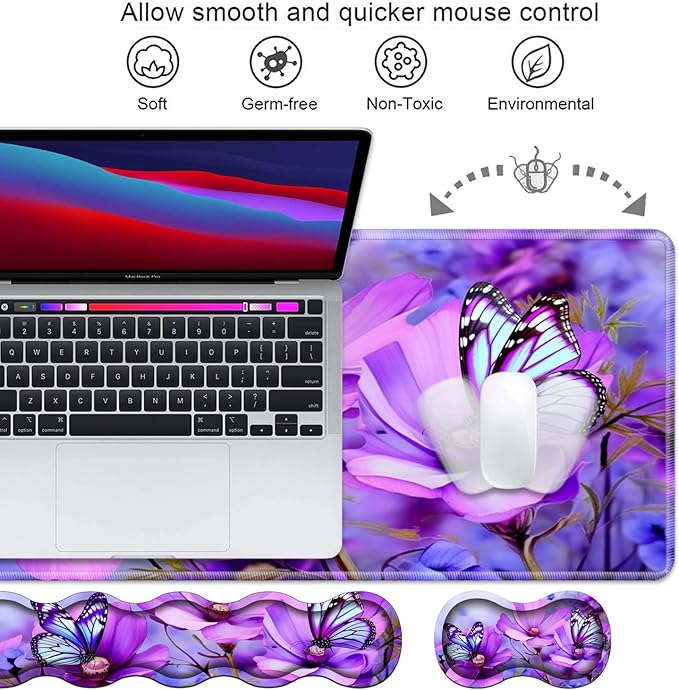 Ergonomic Keyboard Wrist Rest & Mouse Pad Wrist Rest Set, Large XXL Gaming Desk Mat 31.5"x 11.8", Non-Slip Base, Memory Foam, Easy Typing Pain Relief for Office & Home, Purple Flowers and Butterfly