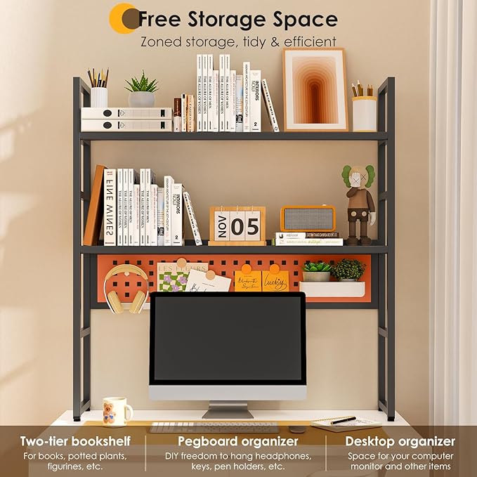 Desk Shelf, 35.43" Desk Hutch Bookshelf, Desktop Shelf with Pegboard for Computer Monitor, Metal Desktop Hutch Storage Organizer for Dorm Home Office, 2 Tier Bookcase, Black