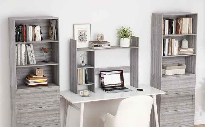 Desktop Bookshelf, Wooden Desk Hutch for Computer Monitor Up to 27'' with 3 Open Storage Shelves, Large 4-Tier Desk Organizer for Dorm Office Home, Wash Grey