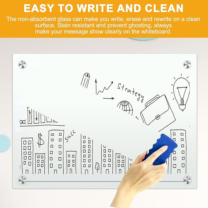 H-Qprobd Glass Whiteboard 60"x40" Magnetic Dry Erase White Board for Wall, Includes 12 Magnets, 8 Markers and 2 Erasers