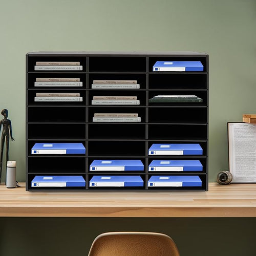 24 Slot Paper Organizer 24 Compartment Classroom Mailbox Adjustable Mail Sorter Desktop File Sorter, Paper Trays for Classroom, Office, Home (Black)