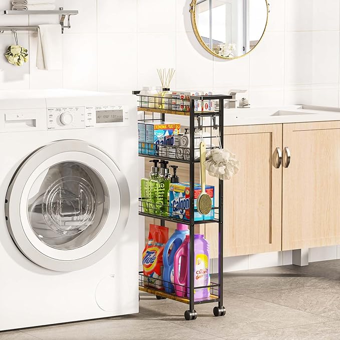 LASZOLA Slim Storage Cart with Wheels, 4 Tier Mobile Narrow Shelving Unit Organizer Utility Cart with Handle, Skinny Rolling Trolley for Small Space Kitchen Bathroom Laundry, Black and Rustic Brown