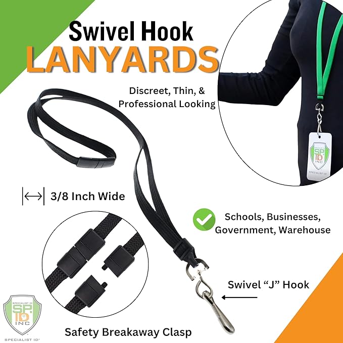 Specialist ID Bulk 100 Pack - Premium Breakaway Lanyards for ID Badges - Metal Swivel J Hook - 3/8” Wide - 36 Inch Length - Flat Woven (Black)