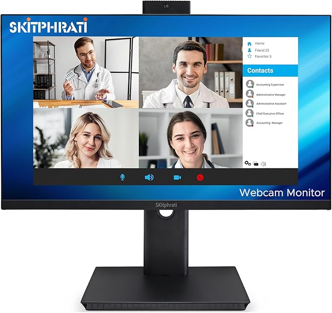 SKitphrati 23.8” Business Webcam Monitor, 1080P IPS Screen 75HZ, Video Conference Monitor - Built-in Adjustable 5MP Webcam, Mic Array, Speakers, Eye Care, Frameless, HDMI, DP, VGA, USB 2.0