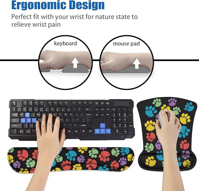 Keyboard Wrist Rest and Mouse Pad Wrist Support Set with Coasters, Non-Slip PU Base Ergonomic Gaming Mousepad for Computer Laptop Home Office Easy Typing & Pain Relief, Colorful Dog Paw Print