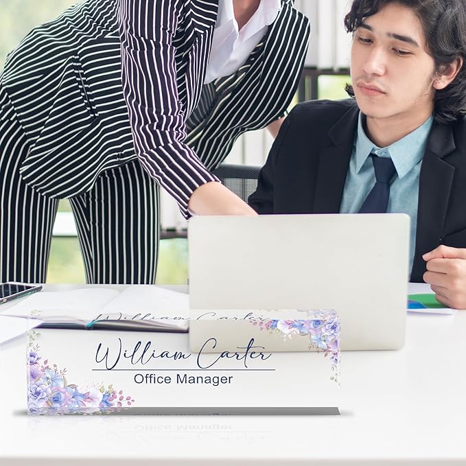 Personalized Name Plate for Desk Custom Acrylic Desk Name Plate Custom Employee Appreciation Gifts Office Gifts for Women, Men, Boss, Coworkers, Teacher, Nurse (Purple Flower)