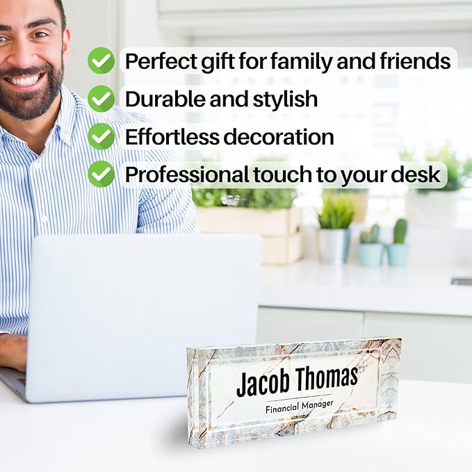 Customized Clear Acrylic Thick 8x3" Desk Name Plate Block with Personalized Logo - Professional Office Decor - Customized Acrylic Plate Gift for Teacher Co-workers, Christmas Gifts for Her, Thanksgiving Gifts (Beige Marble)