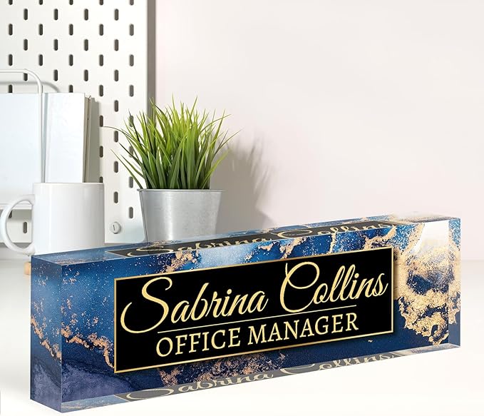 Name Plate for Desk, Desk Name Plate Personalized, Office Decor for Women Men, Acrylic Desktop Accessories, Office Appreciation Gifts for Boss Social Workers Nurse Teacher Employee (Blue Coast B)