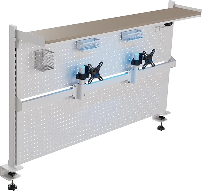 EUREKA ERGONOMIC Desk Pegboard with Dual Monitor Stands, LED Metal Pegboard for Gaming Desk, Privacy Panel with 4 Accessories Modular Hanging, Computer Accessories for Office, 59 x 34 Inch, White