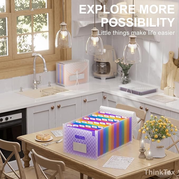 ThinkTex 26 Pockets Expanding File Folders, Accordion File Organizer with Expandable Cover, Monthly Bill Receipt Documents Organizer, A-Z Colorful Tabs, Letter/A4 Size - Purple