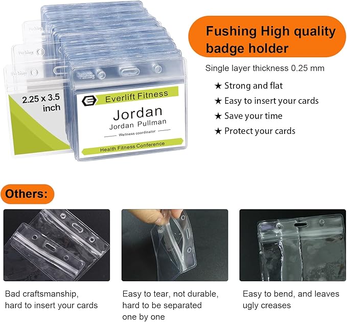Fushing 500 Pcs Clear Plastic Horizontal Name Tag Badge ID Card Holders
