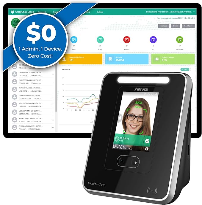 ANVIZ Time Clocks for Employees Small Business - Forever Free Cloud Software - FacePass 7 Pro Biometric Clock in and Out Machine - Support Door Access - Face + RFID + Pin Punching, FacePass 7 Pro