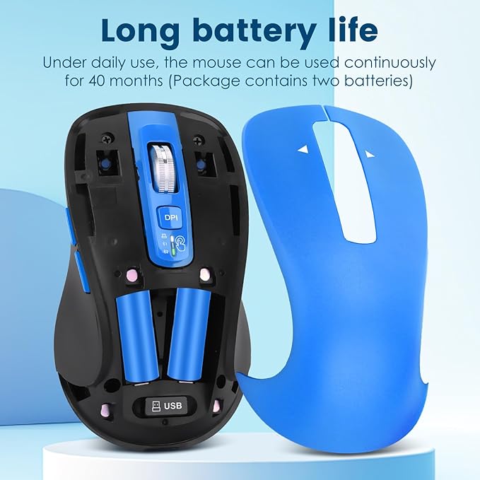 Wireless Bluetooth Mouse (USB + BT1 + BT2), Full Size, 4-Way Scrolling, Multi-Device Silent Mouse for Computer, Laptop, iPad, MacBook (Blue)
