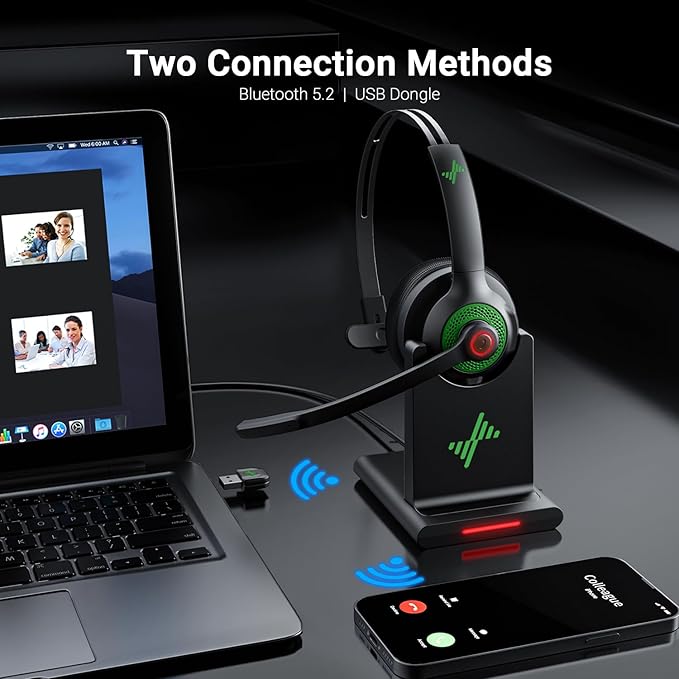 JIAMQISHI Wireless Headset with Mic for Work, Clear Call, Bluetooth 5.2 Headphones with USB Dongle & Mic Mute Function, Special Charging Base, Applicable to PC, Laptop, Phone, Android, Zoom, Office