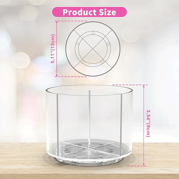 Small Pencil Organizer for Desk Acrylic 4 Compartments, Tiny Rotating Art Supply Organizer Kids, Spinning Round Marker Small Clear Desktop Caddy Swivel Office Pen Pencil Holder