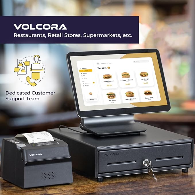 Volcora 13" Cash Register Drawer for Point of Sale (POS) System with Fully Removable 2 Tier Cash Tray, 4 Bill/5 Coin, 24V, RJ11/RJ12 Key-Lock, Double Media Slot, Small Money Drawer, Black