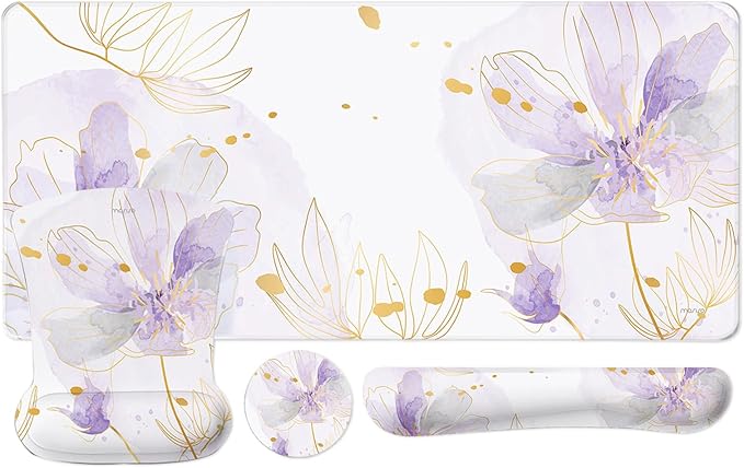 MOSISO Desk Mat Keyboard Mouse Pad Set, Large Gaming Mouse Pad&Keyboard Wrist Rest&Mousepad with Wrist Rest&Coaster, Ergonomic Non-Slip Home Office Mousepad with Memory Foam, Purple